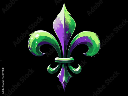 Mardi Gras fleur de lis, green and purple paint on black background 