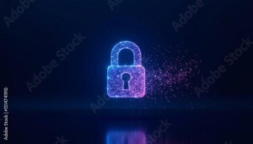 Digital lock symbol in neon blue and pink, representing cybersecurity, data protection, and secure online transactions in modern tech environments