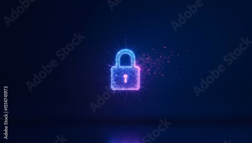 Abstract glowing lock icon with particles dispersing, symbolizing online security, encryption, and digital safety in a futuristic, high-tech style