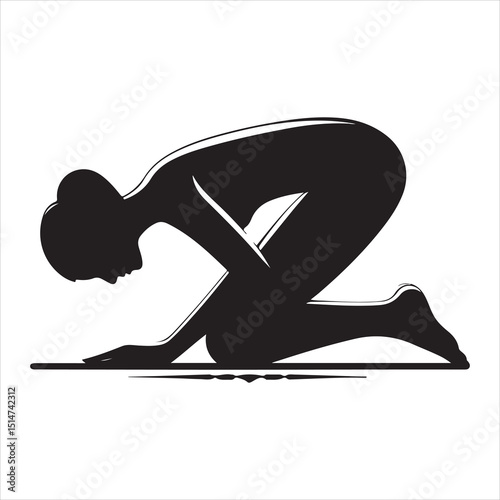Black silhouette of a person in prayer (Salah), standing with hands folded, on a pure white background 