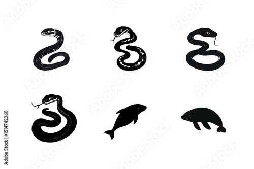 Silhouette illustrations of snakes dolphin and manatee