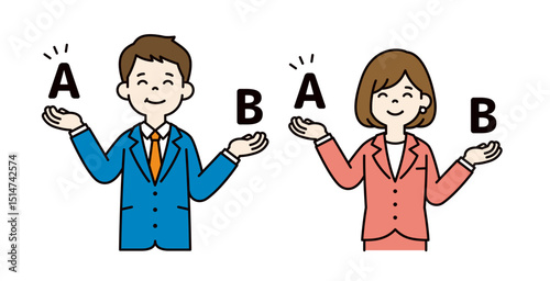 どちらか比較して選ぶ、ビジネスマンのシンプルなベクターイラスト素材＿男女セット＿カラー