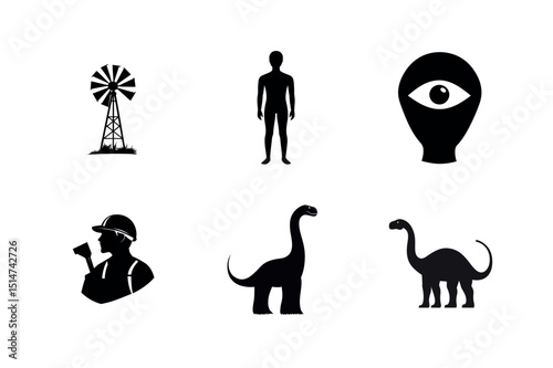 Silhouette icons set windmill human alien dinosaurs worker