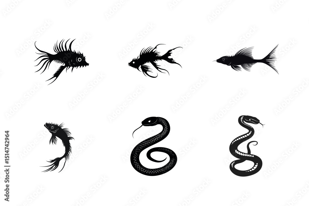 Obraz premium Stylized fish and snake silhouettes set