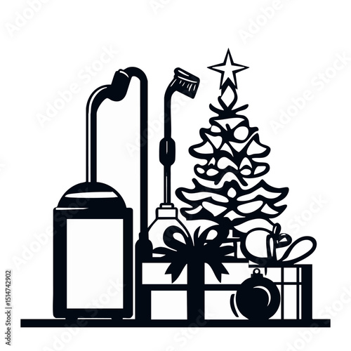 Clean outline Christmas cleaning prep icons including vacuum duster ornament box and checklist