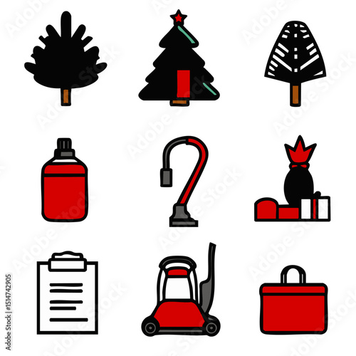Clean outline Christmas cleaning prep icons including vacuum duster ornament box and checklist