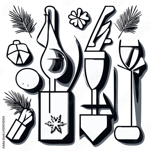 Clean outline holiday party icons like garland snow globe festive hats holiday punch for celebration invites
