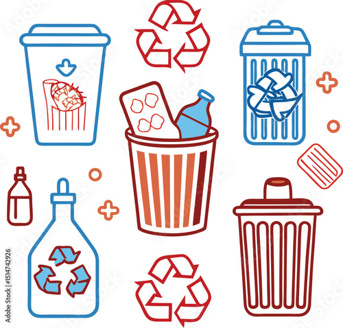 dust bin and recycle jar icon set 