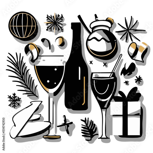 Clean outline holiday party icons like garland snow globe festive hats holiday punch for celebration invites
