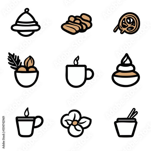 Clean outline icons of Christmas market food like roasted nuts hot cider pretzels candy apples