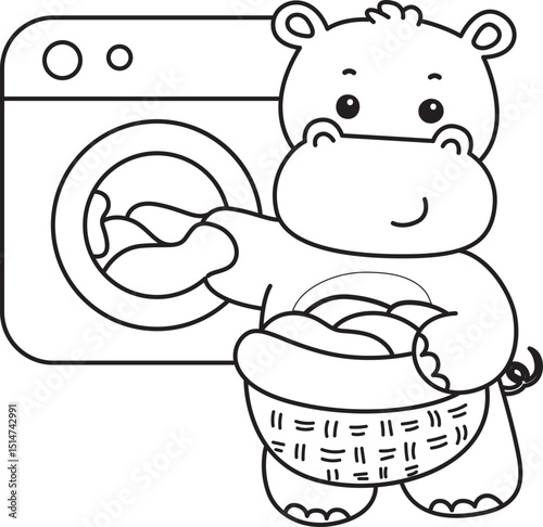 Outline of Cute hippo icon. Lineart of Funny baby hippo animal series stock illustration. life of fluffy hippo designs.