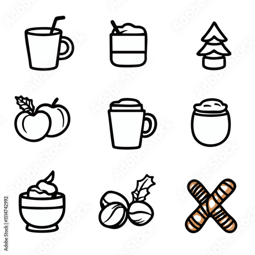 Clean outline icons of Christmas market food like roasted nuts hot cider pretzels candy apples