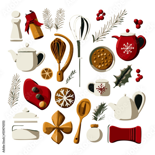 Flat Christmas baking icons including rolling pin whisk ingredients oven mitts decorated cookies