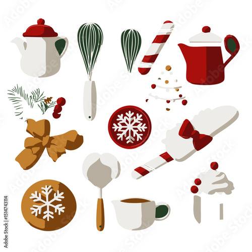 Flat Christmas baking icons including rolling pin whisk ingredients oven mitts decorated cookies