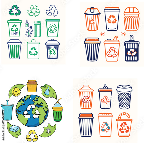 dust bin and recycle jar icon set 