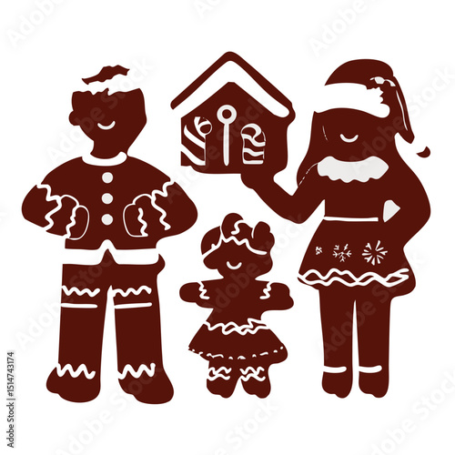 Flat Christmas icon set of gingerbread family candy houses icing gumdrops cookie cutters in vector style