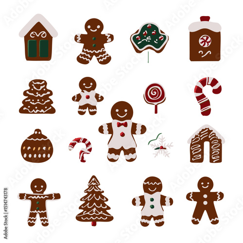 Flat Christmas icon set of gingerbread family candy houses icing gumdrops cookie cutters in vector style