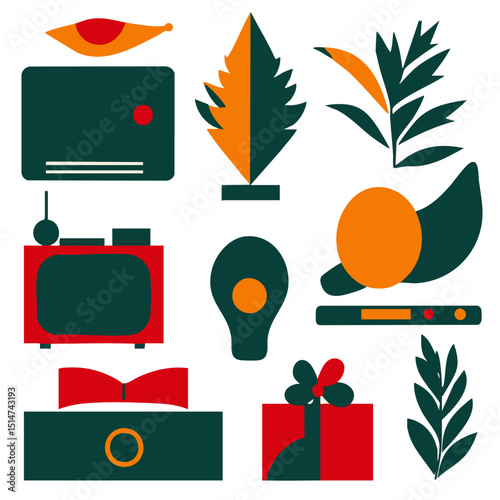 Flat Christmas music icons including vintage radio choir notes jingle bells festive playlists