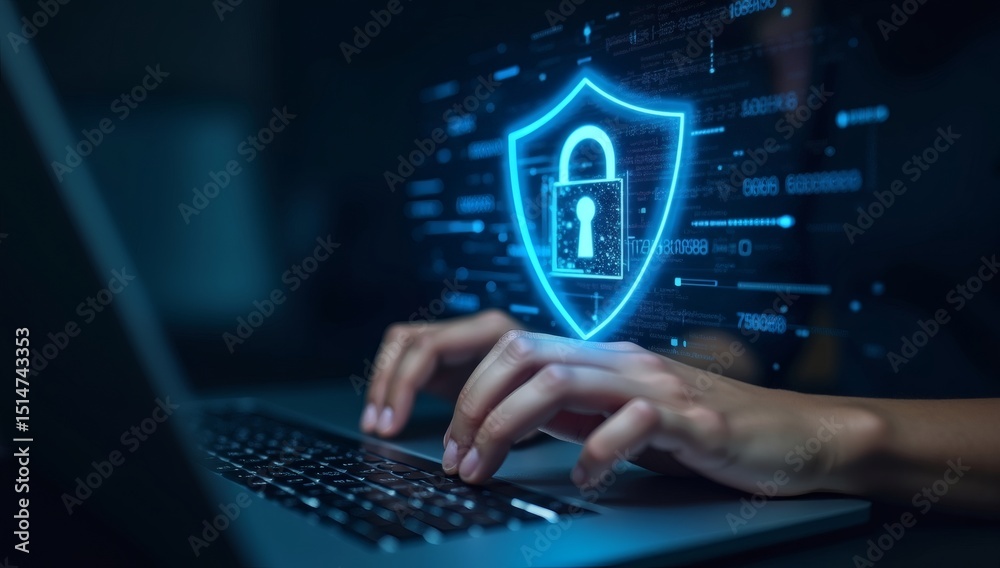 custom made wallpaper toronto digitalClose-up of hands typing on a laptop with a glowing shield and lock icon, symbolizing online security, privacy, and data protection in digital environments