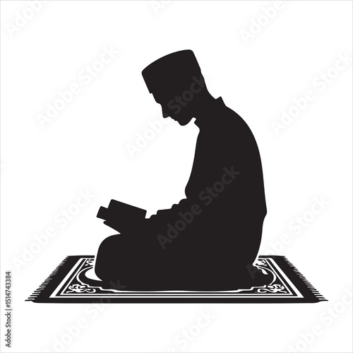 Black silhouette of a person in prayer (Salah), standing with hands folded, on a pure white background 