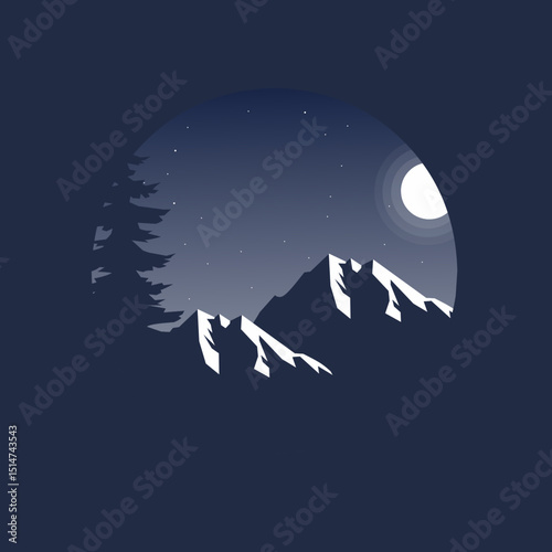Night landscape vector illustration. Starry sky with pine forest.