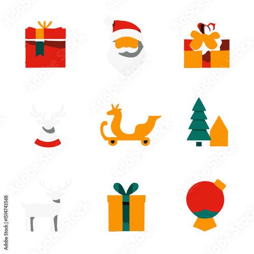 Flat design Christmas icons set featuring Santa Claus reindeer sleigh gifts with bold colors and clean lines for festive design projects