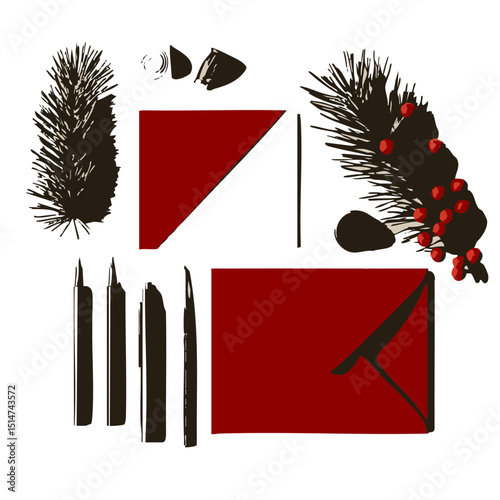 Flat design Christmas card crafting icons cardstock stamps envelope liners pens and sealing wax