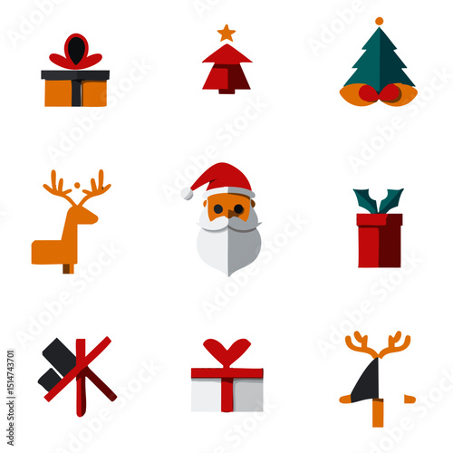 Flat design Christmas icons set featuring Santa Claus reindeer sleigh gifts with bold colors and clean lines for festive design projects