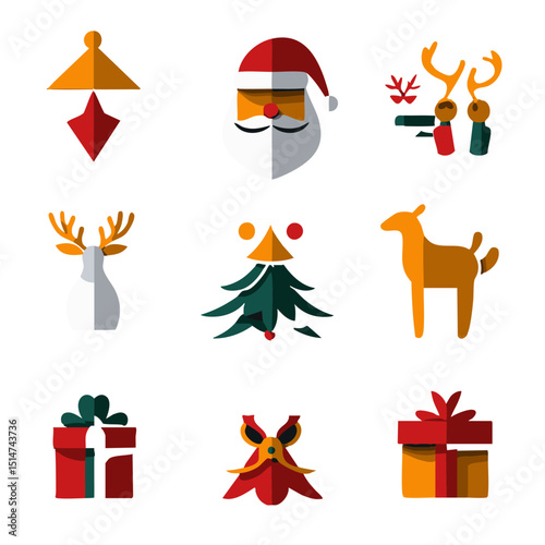 Flat design Christmas icons set featuring Santa Claus reindeer sleigh gifts with bold colors and clean lines for festive design projects