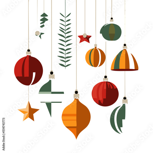 Flat design Christmas ornaments vector pack including baubles bells stars lights in modern color palette