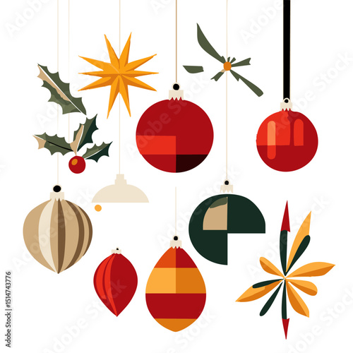Flat design Christmas ornaments vector pack including baubles bells stars lights in modern color palette
