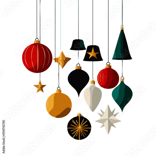 Flat design Christmas ornaments vector pack including baubles bells stars lights in modern color palette