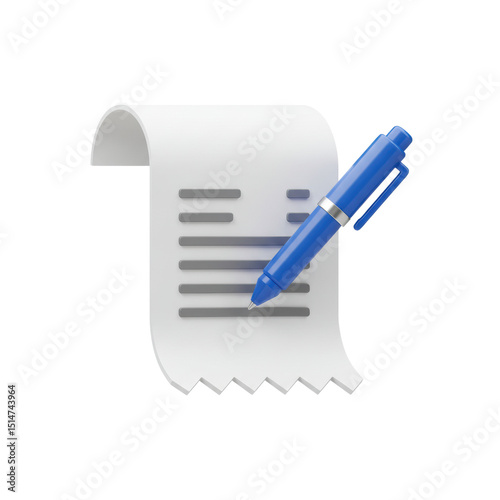 Financial bill or receipt with blue pen symbolizing accounting, payment, budgeting, and expense tracking isolated on a transparent background, png, cutout