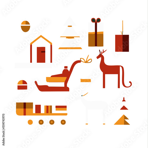 Flat design Santa workshop vector icons including toys sleigh reindeer workshop sign gift conveyor belt