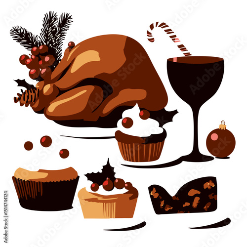 Flat holiday food vector pack roasted chicken mulled wine cookies peppermint bark and festive cupcakes