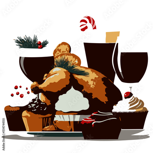 Flat holiday food vector pack roasted chicken mulled wine cookies peppermint bark and festive cupcakes
