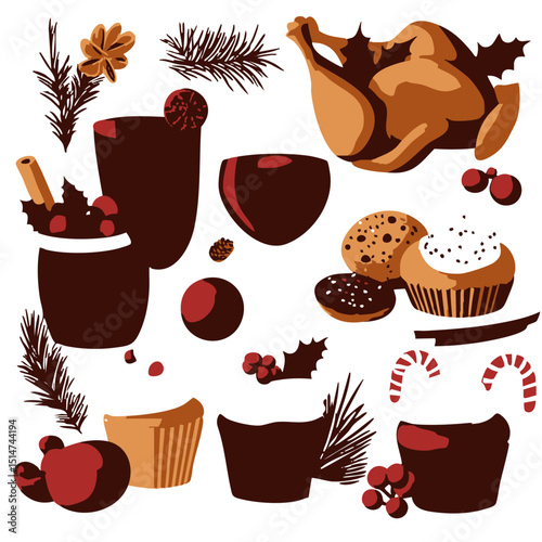Flat holiday food vector pack roasted chicken mulled wine cookies peppermint bark and festive cupcakes