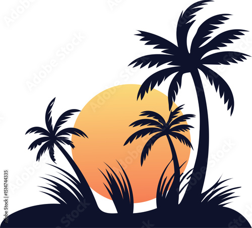Tropical beach sunset vector illustration with a solitary palm tree silhouette