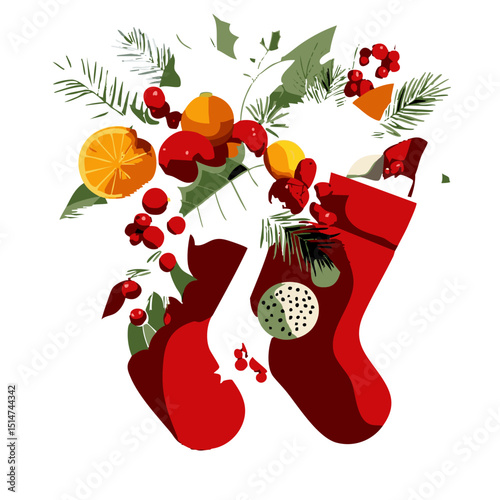 Flat vector Christmas stockings filled small toys candy notes and fruit in colorful festive design