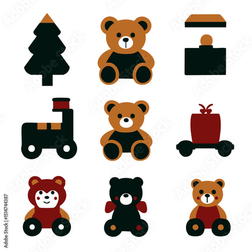 Flat vector Christmas toy shop icons featuring teddy bears trains dolls jack the box and toy wrapping