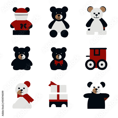 Flat vector Christmas toy shop icons featuring teddy bears trains dolls jack the box and toy wrapping