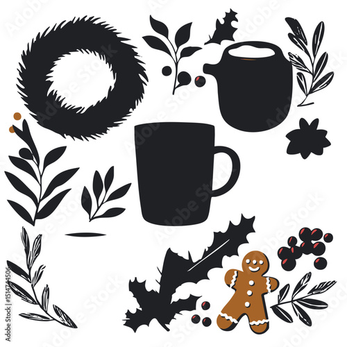 Flat vector illustration of Christmas celebration essentials including wreaths mistletoe gingerbread cookies hot cocoa mugs