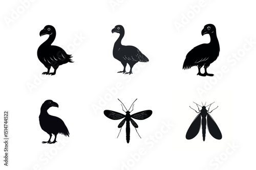 Dodo bird and insect silhouettes set