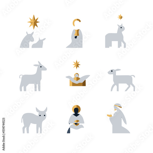 Flat vector nativity scene icon set featuring baby Jesus Mary Joseph shepherds animals under starry sky
