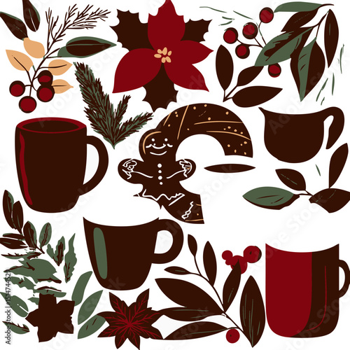 Flat vector illustration of Christmas celebration essentials including wreaths mistletoe gingerbread cookies hot cocoa mugs