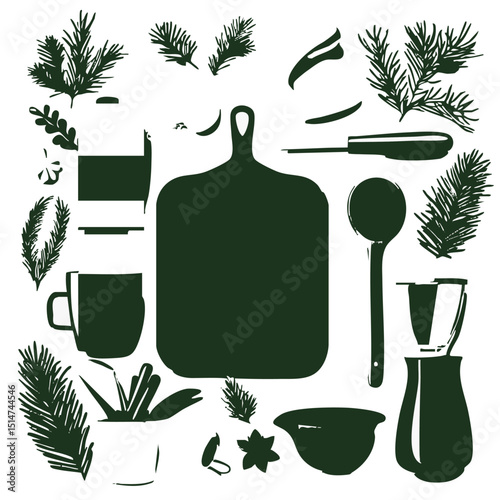 Flat vector pack of Christmas cooking utensils like rolling pin cookie cutter mixer baking sheet