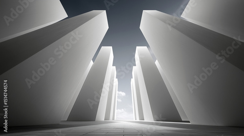 Minimalist architectural scene with tall white geometric structures reaching towards the sky in a surreal urban landscape.