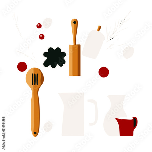 Flat vector pack of Christmas cooking utensils like rolling pin cookie cutter mixer baking sheet