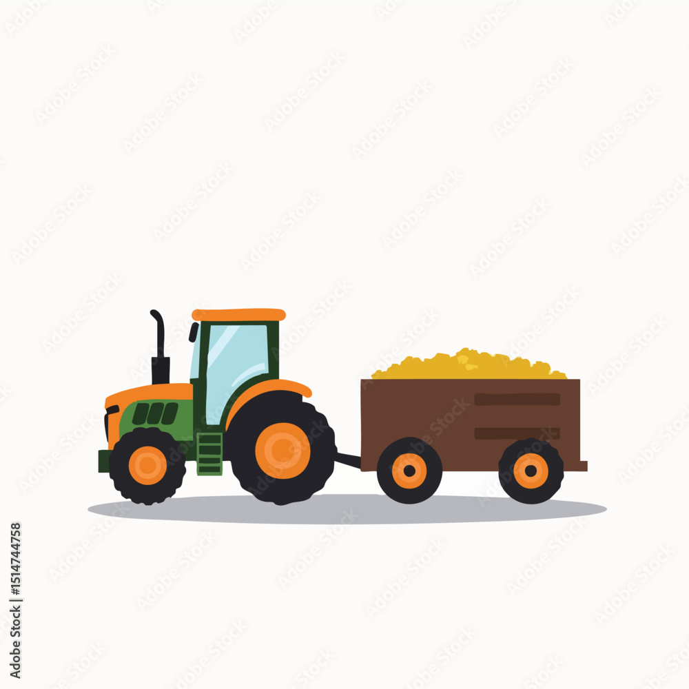 Fototapeta premium Minimalist Flat Vector Green Tractor Hauling Harvested Grain