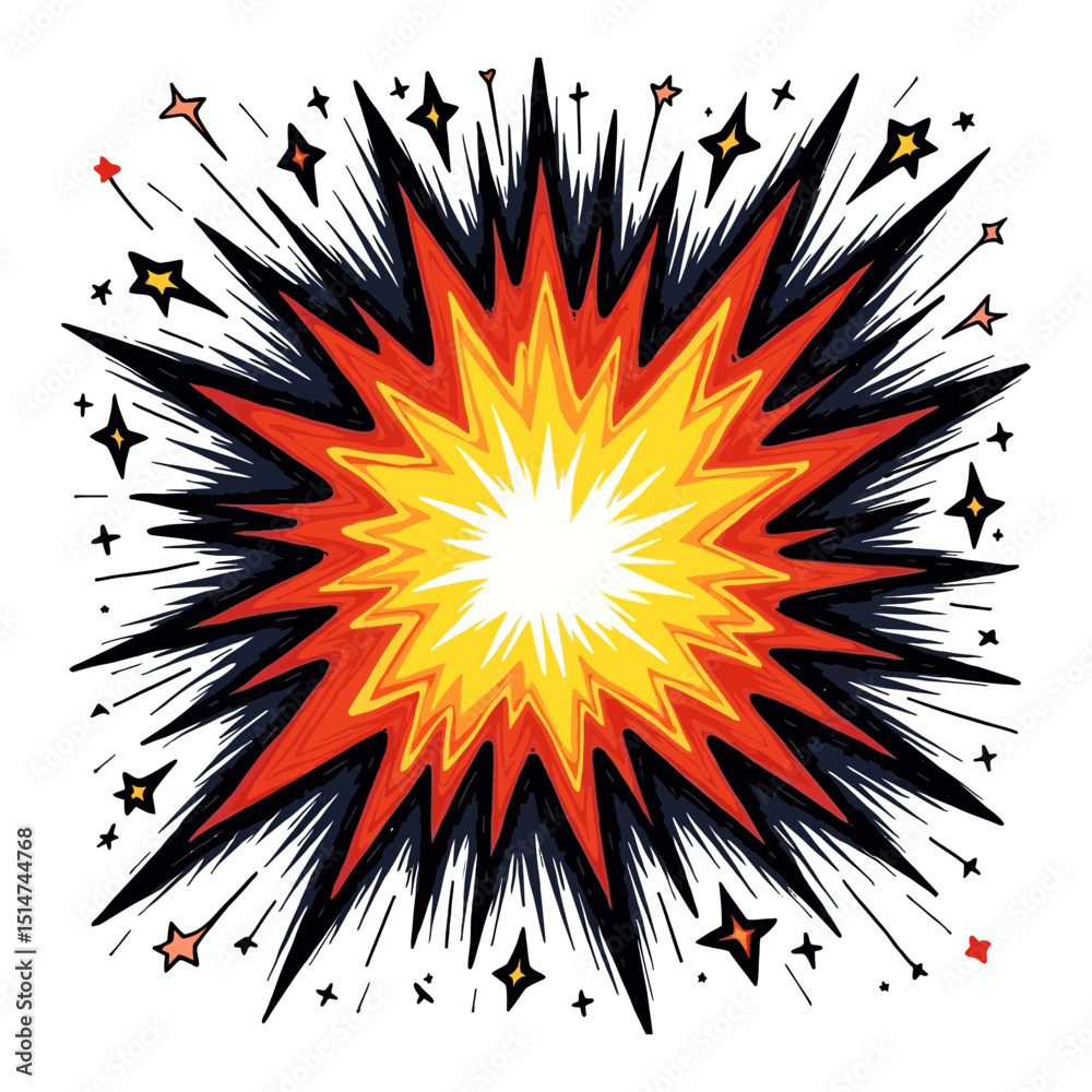 Colorful vector star boom explosion in comic pop art style Dynamic cartoon blast with fire sparkles for action graphics and sound effect illustration